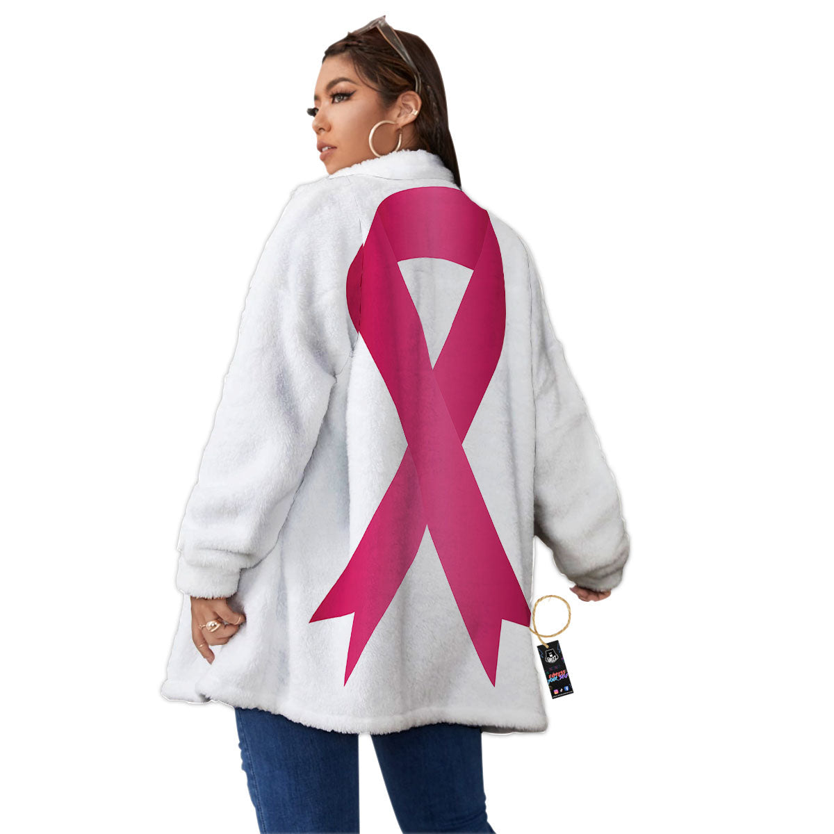 Breast Cancer White And Pink Print Women's Sherpa Jacket-grizzshop