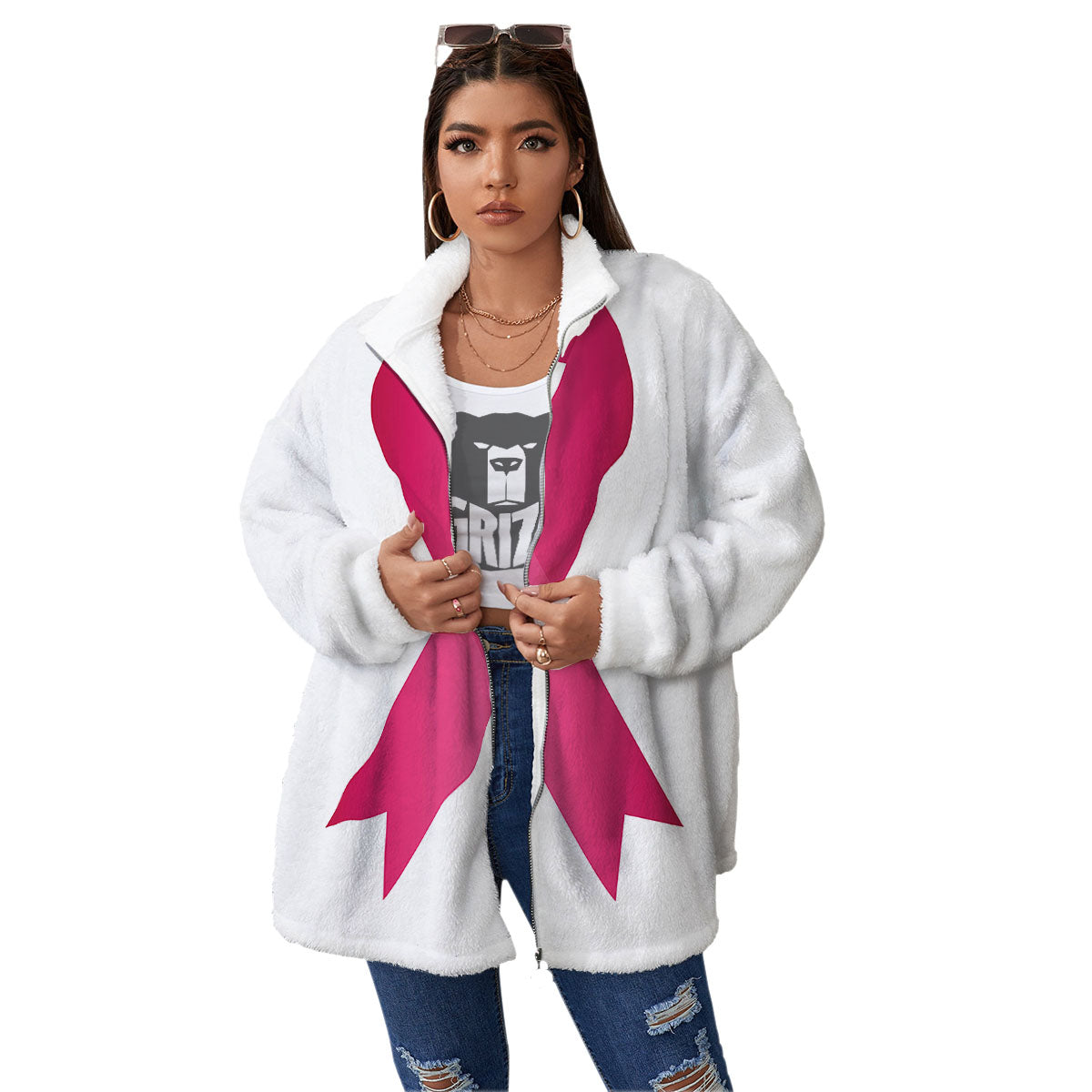 Breast Cancer White And Pink Print Women's Sherpa Jacket-grizzshop