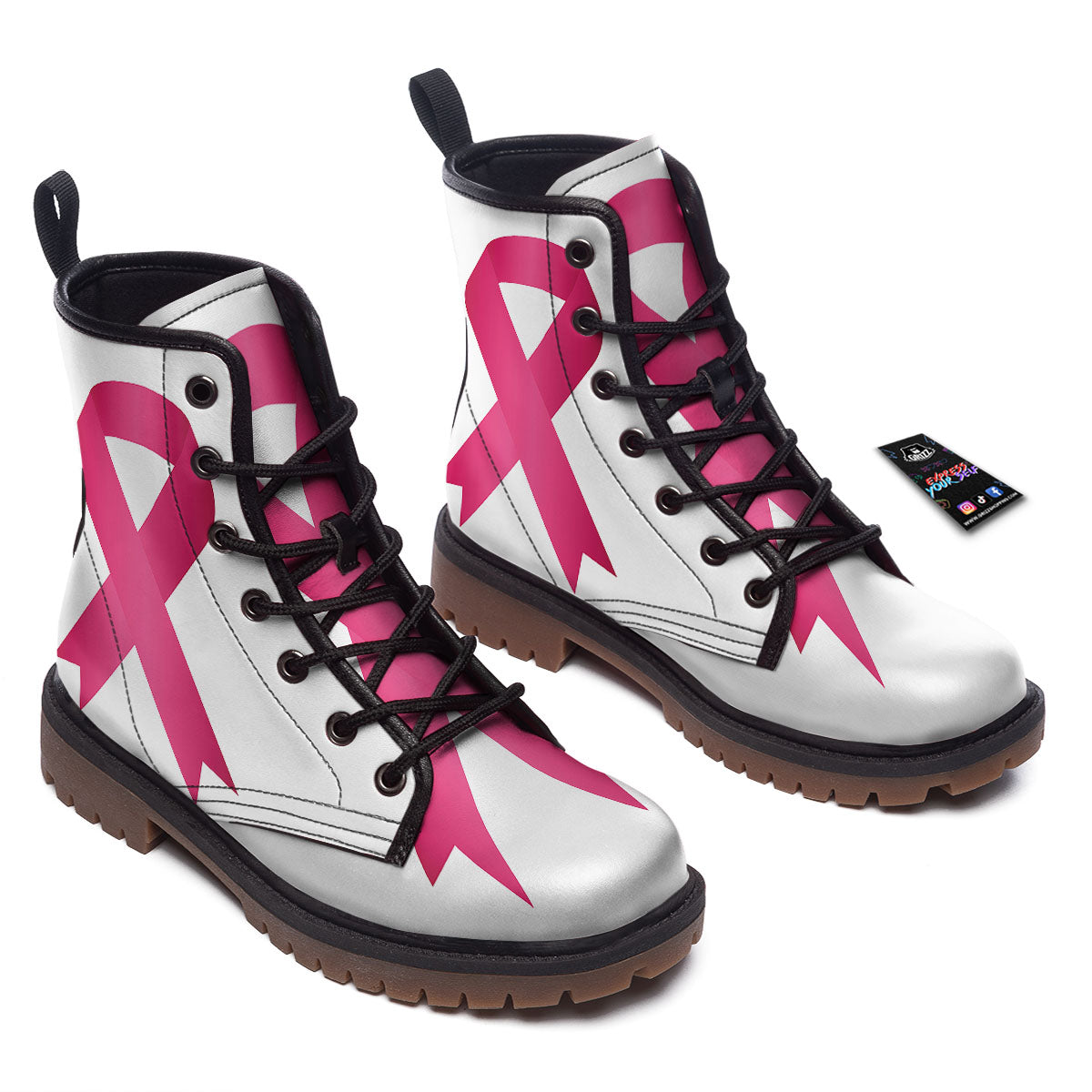 Breast Cancer White And Pink Print Work Boots-grizzshop