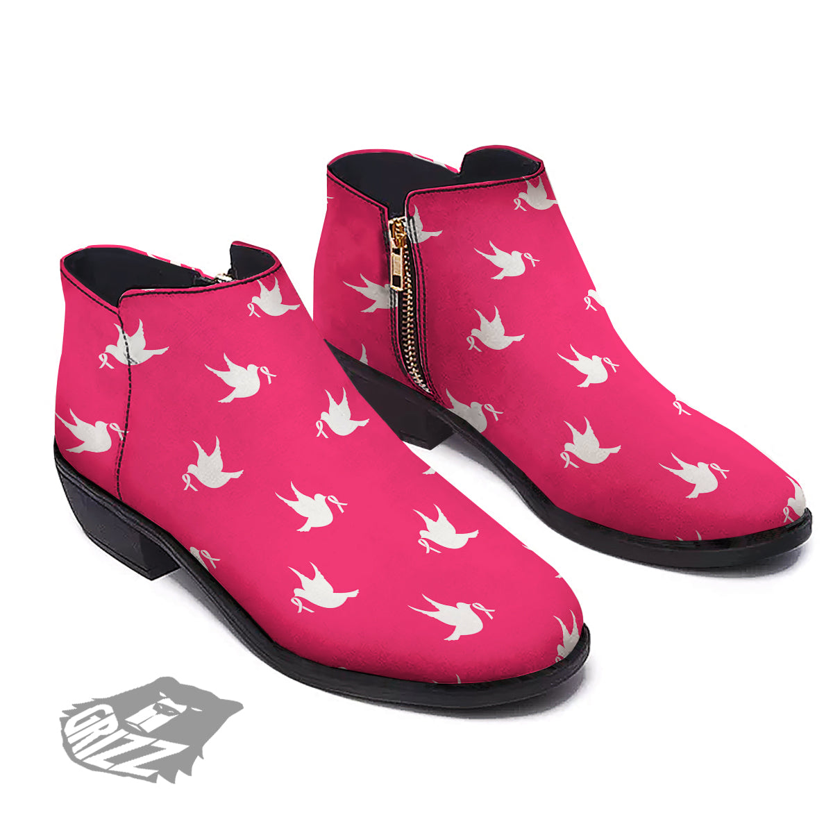 Breast Cancer White Dove Print Pattern Ankle Boots-grizzshop