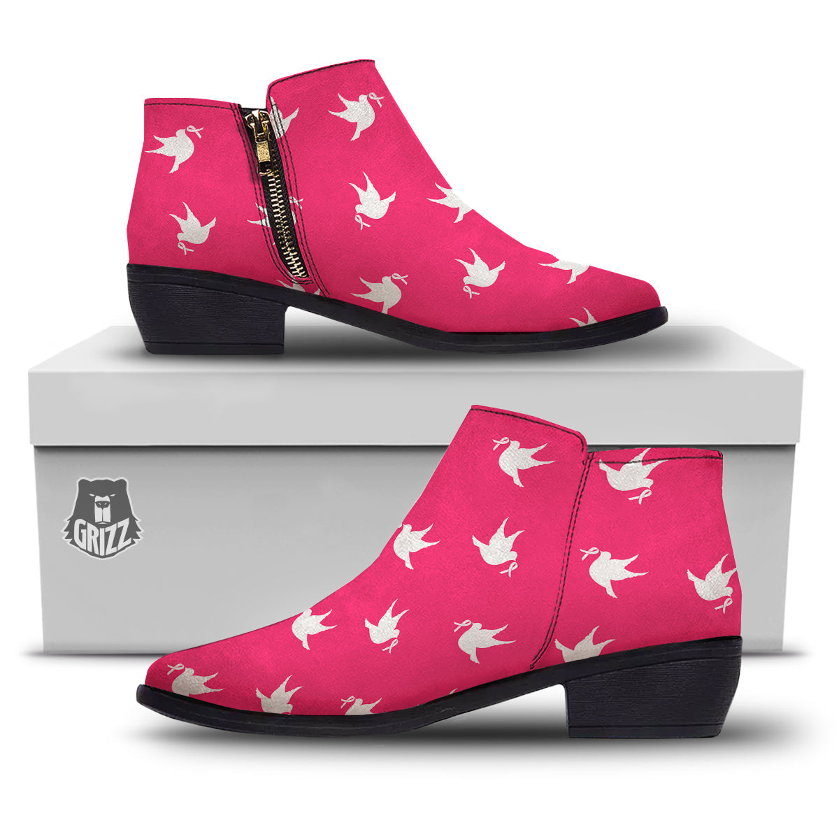 Breast Cancer White Dove Print Pattern Ankle Boots-grizzshop