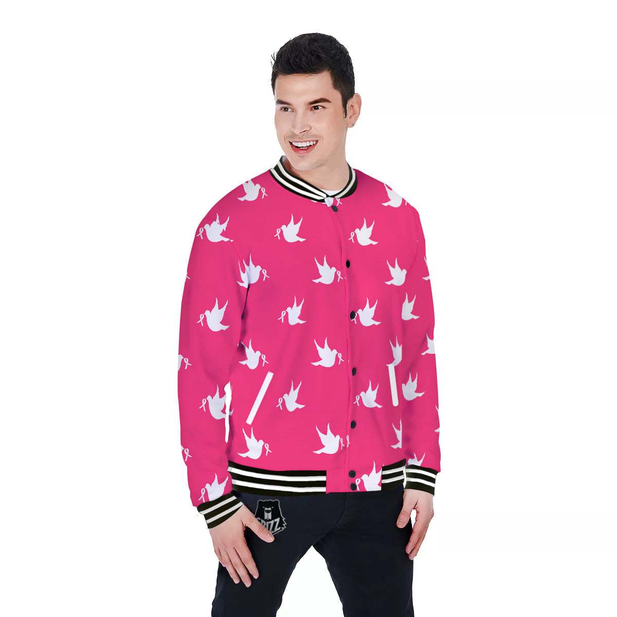 Breast Cancer White Dove Print Pattern Baseball Jacket-grizzshop