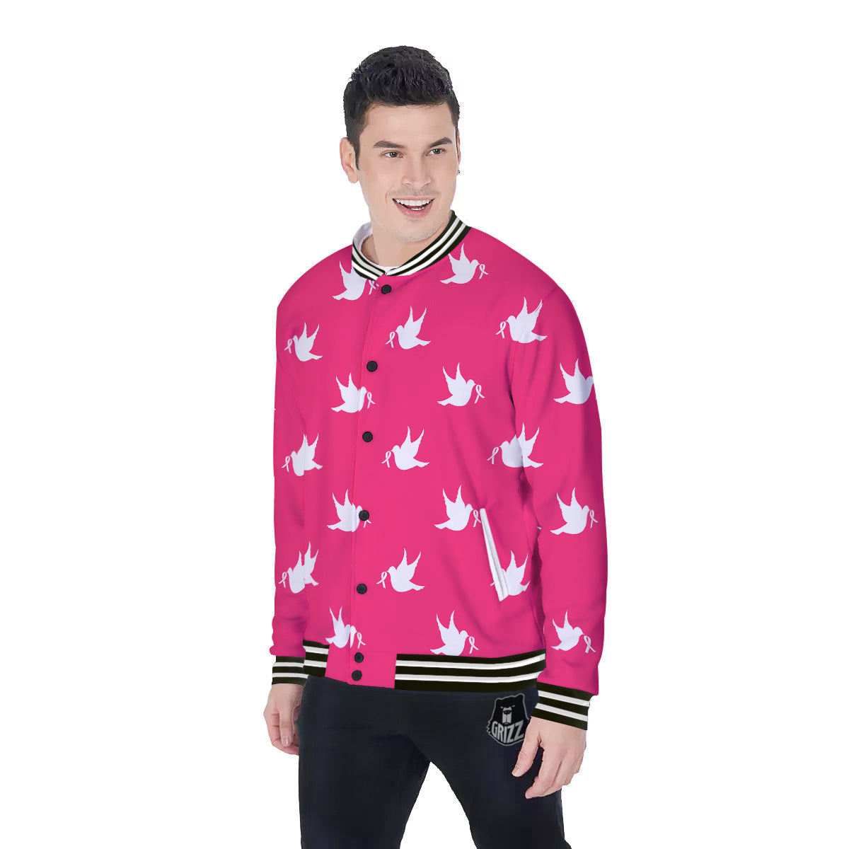 Breast Cancer White Dove Print Pattern Baseball Jacket-grizzshop