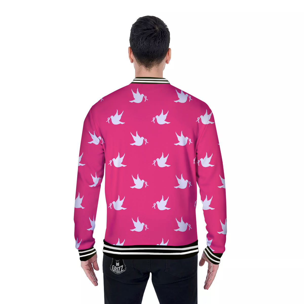 Breast Cancer White Dove Print Pattern Baseball Jacket-grizzshop