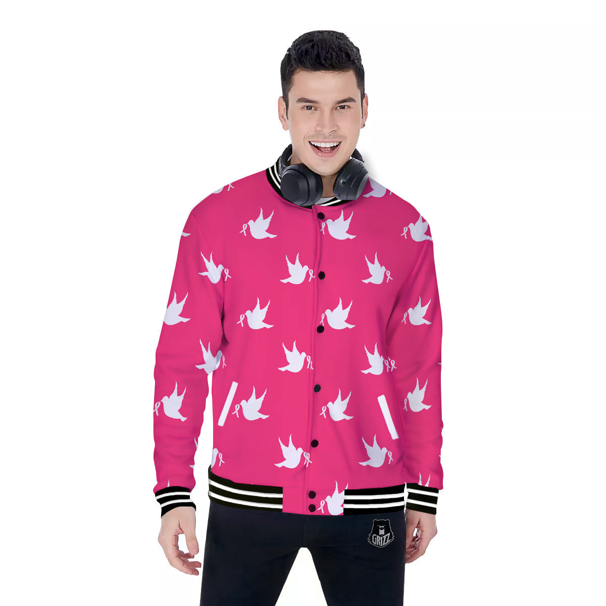 Breast Cancer White Dove Print Pattern Baseball Jacket-grizzshop