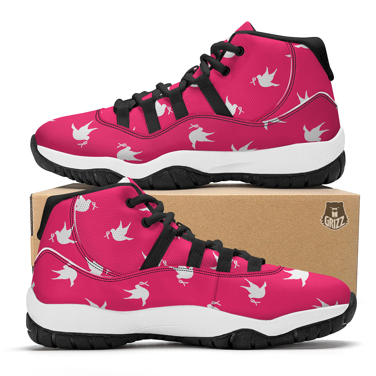 Breast Cancer White Dove Print Pattern Black Bball Shoes-grizzshop