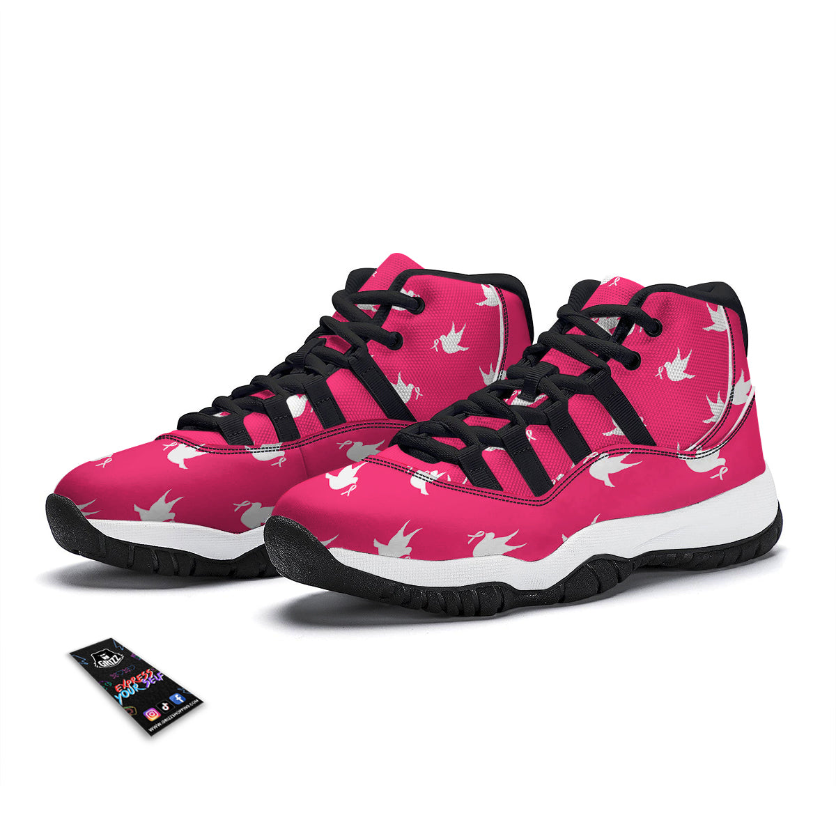 Breast Cancer White Dove Print Pattern Black Bball Shoes-grizzshop