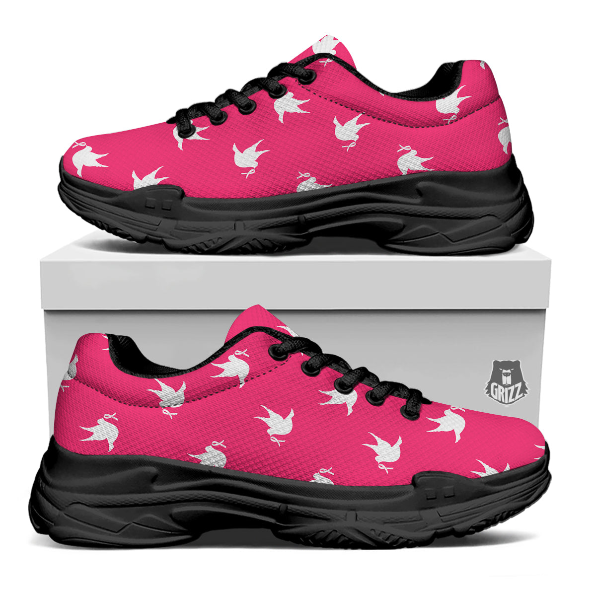 Breast Cancer White Dove Print Pattern Black Chunky Shoes-grizzshop