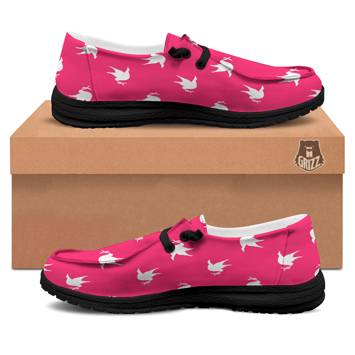 Breast Cancer White Dove Print Pattern Black Loafers-grizzshop