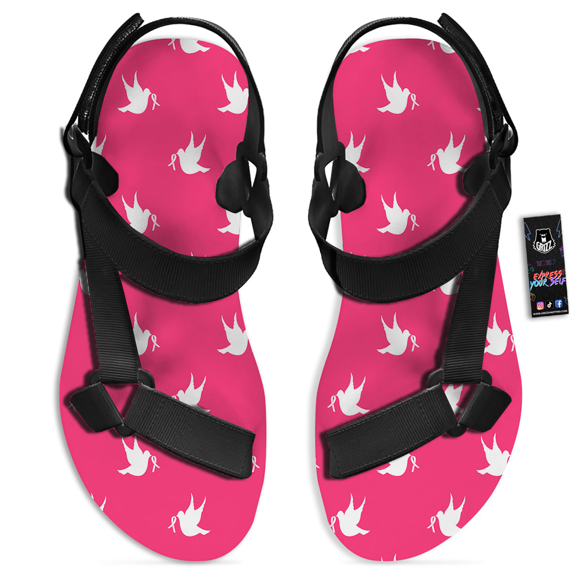 Breast Cancer White Dove Print Pattern Black Open Toe Sandals-grizzshop