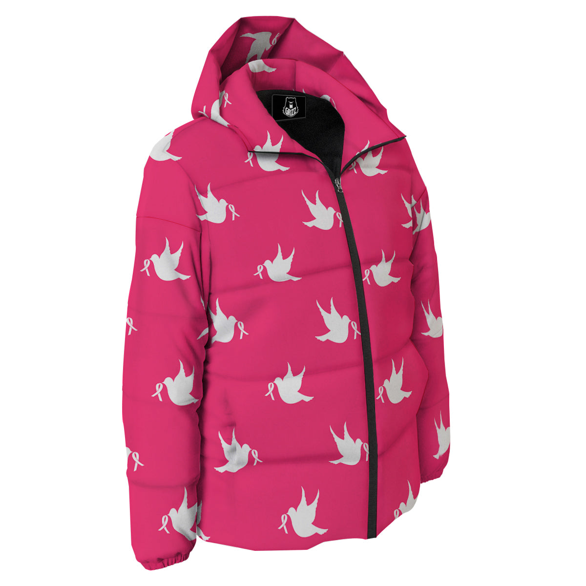 Breast Cancer White Dove Print Pattern Down Jacket-grizzshop