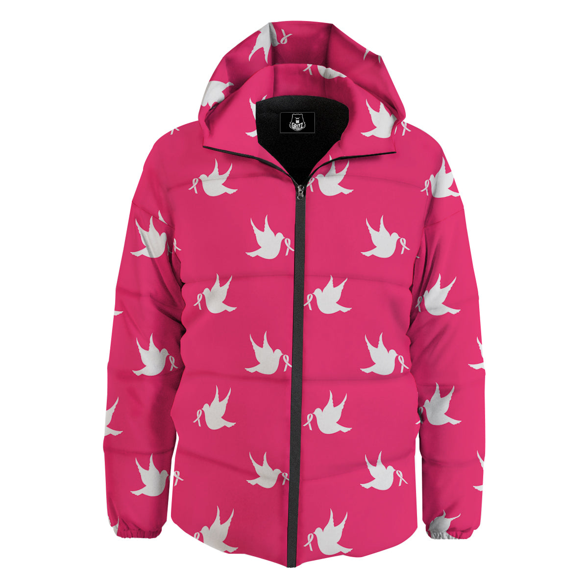 Breast Cancer White Dove Print Pattern Down Jacket-grizzshop