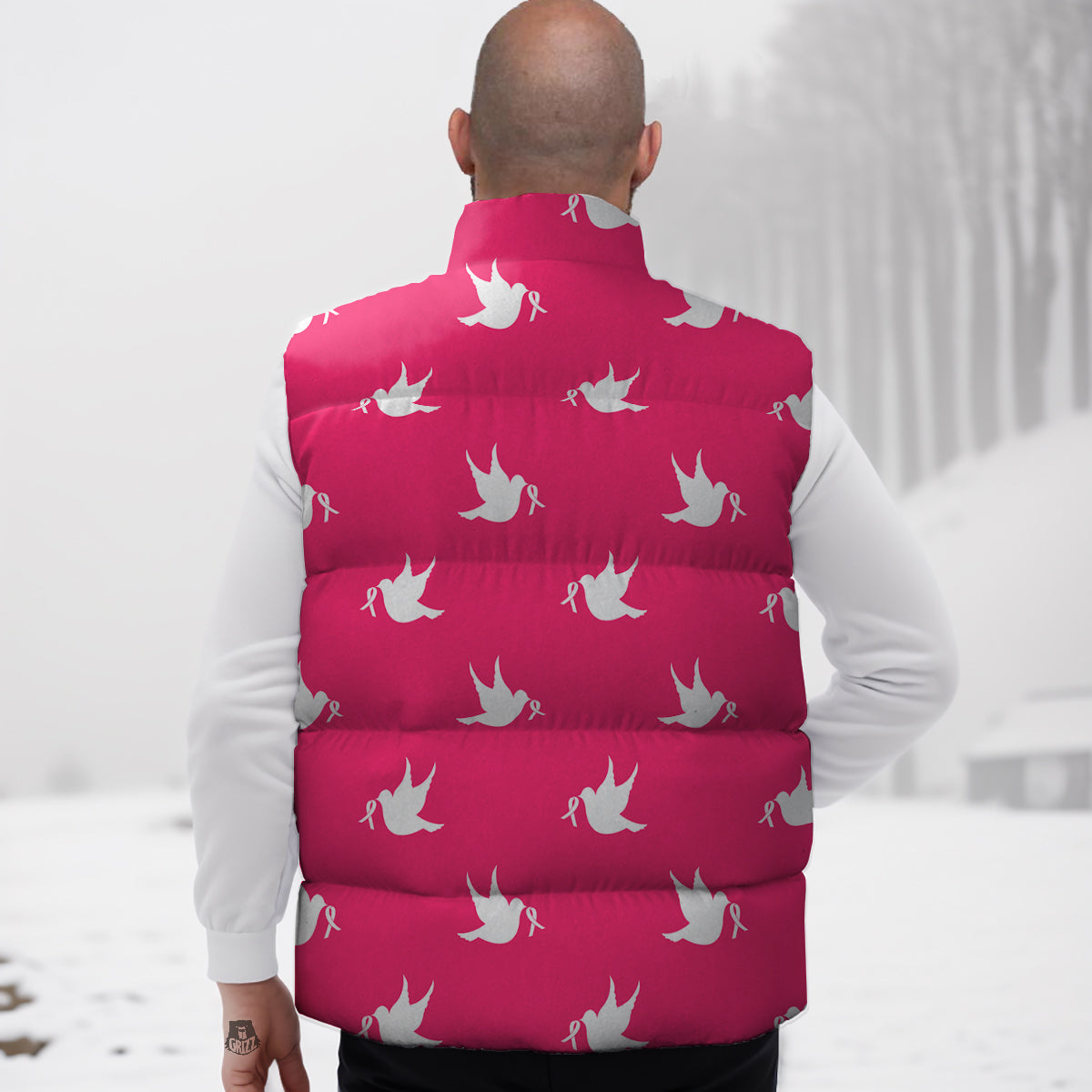 Breast Cancer White Dove Print Pattern Down Vest
