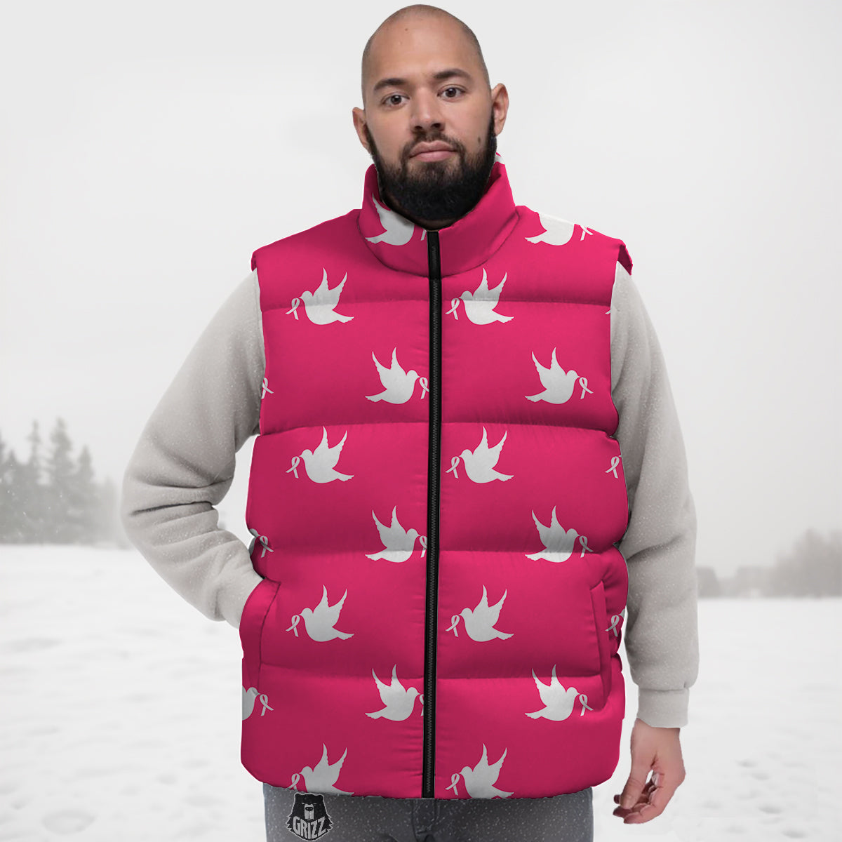 Breast Cancer White Dove Print Pattern Down Vest