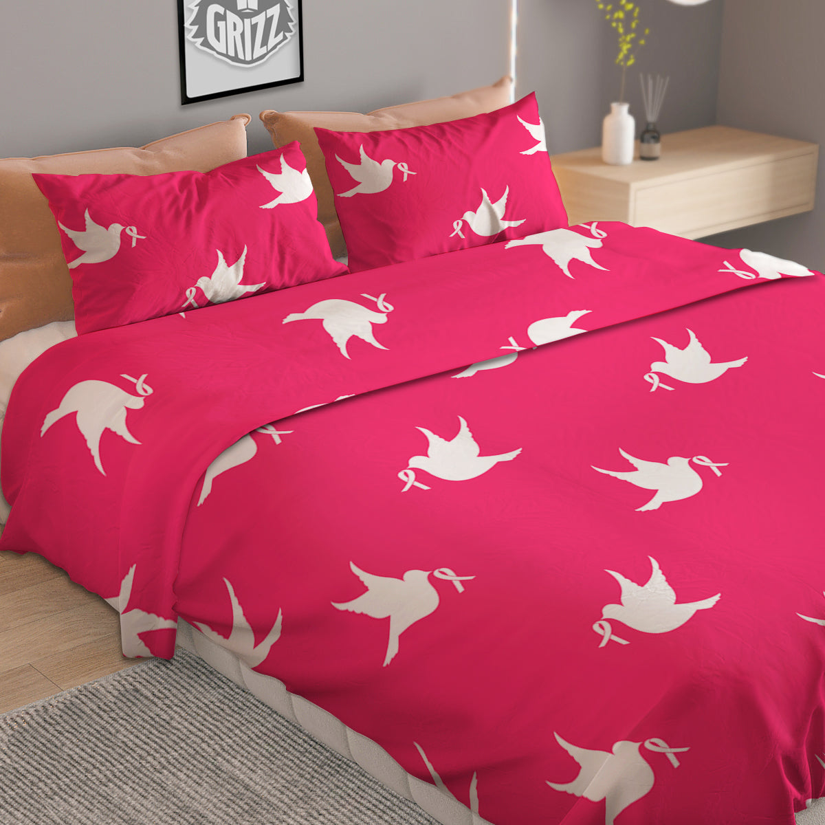 Breast Cancer White Dove Print Pattern Duvet Cover Bedding Set