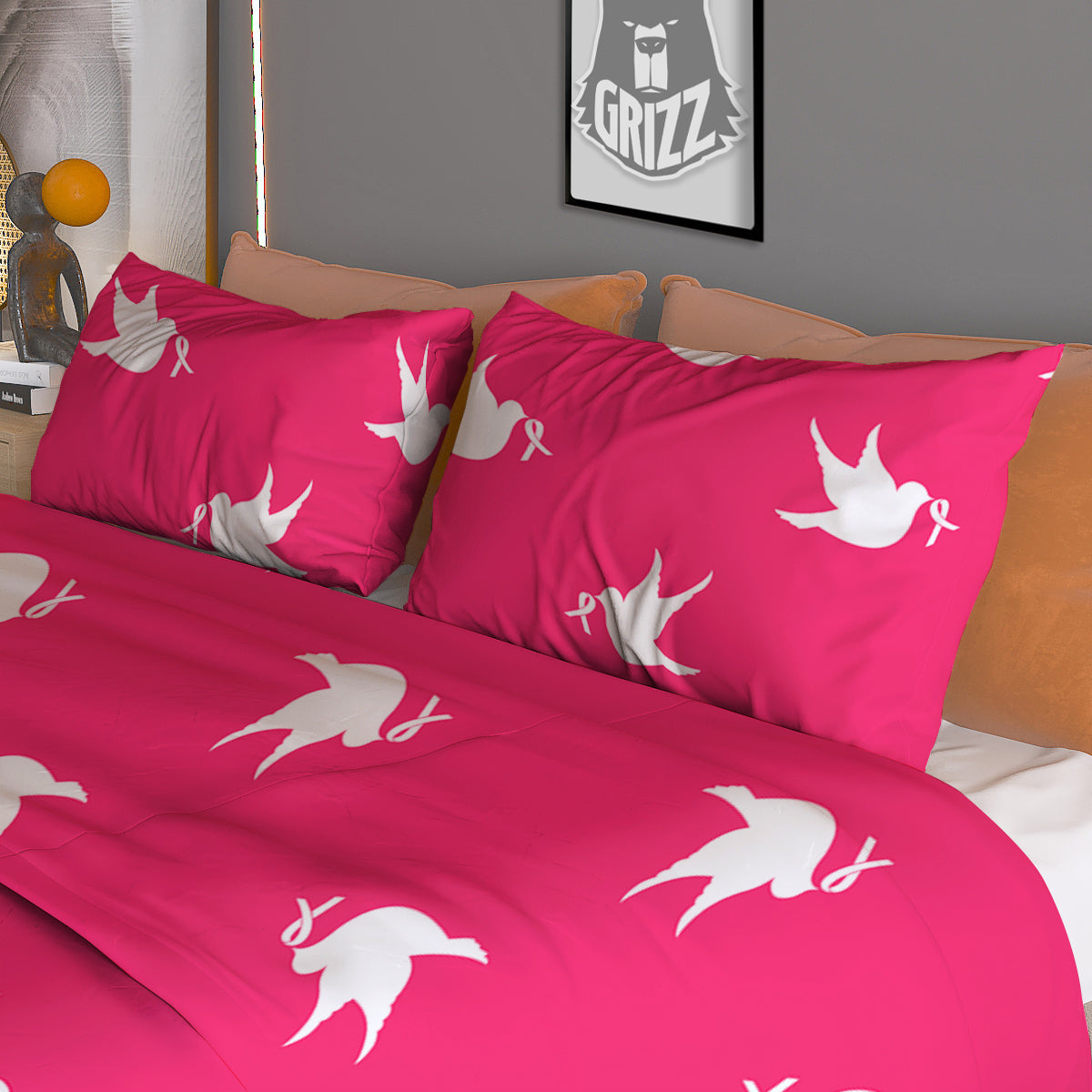 Breast Cancer White Dove Print Pattern Duvet Cover Bedding Set