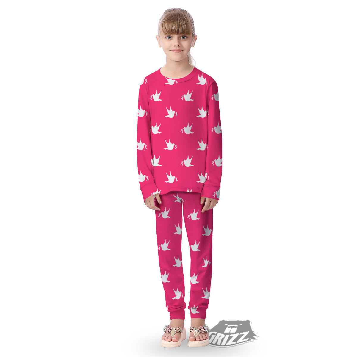 Breast Cancer White Dove Print Pattern Kid's Pajamas-grizzshop