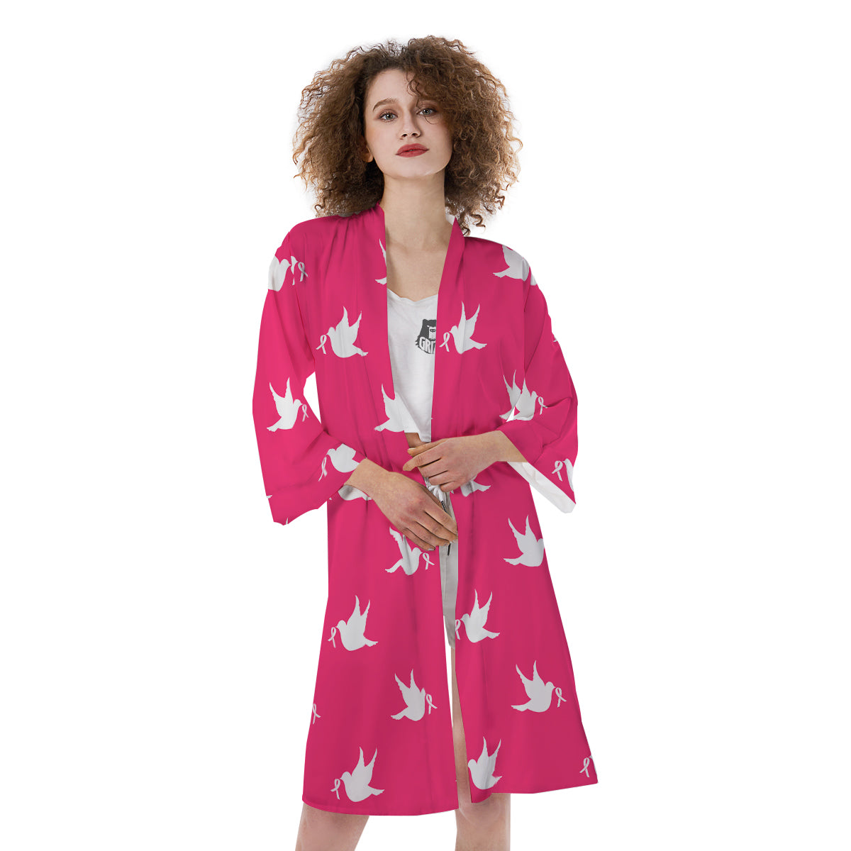 Breast Cancer White Dove Print Pattern Kimono-grizzshop