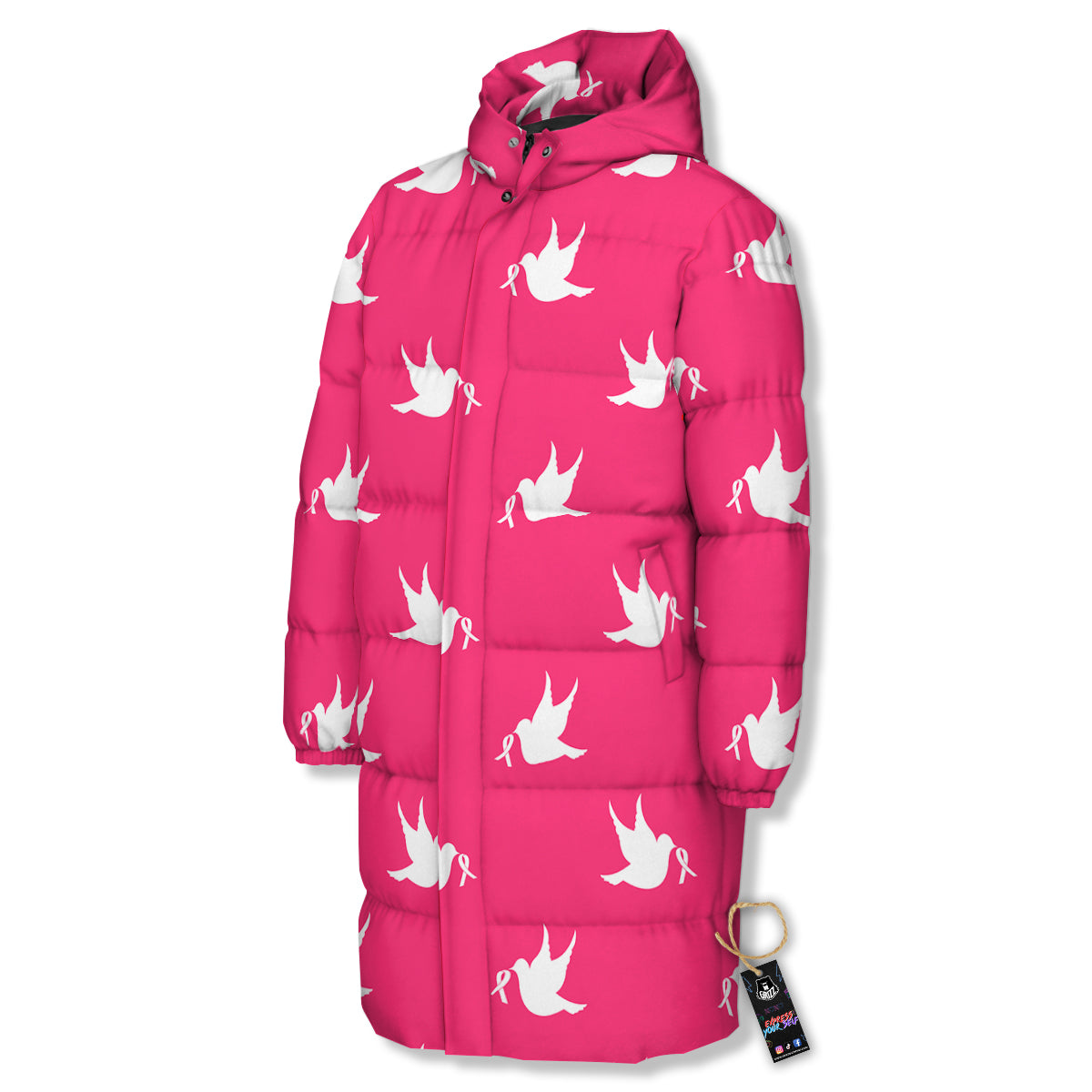 Breast Cancer White Dove Print Pattern Long Down Jacket-grizzshop