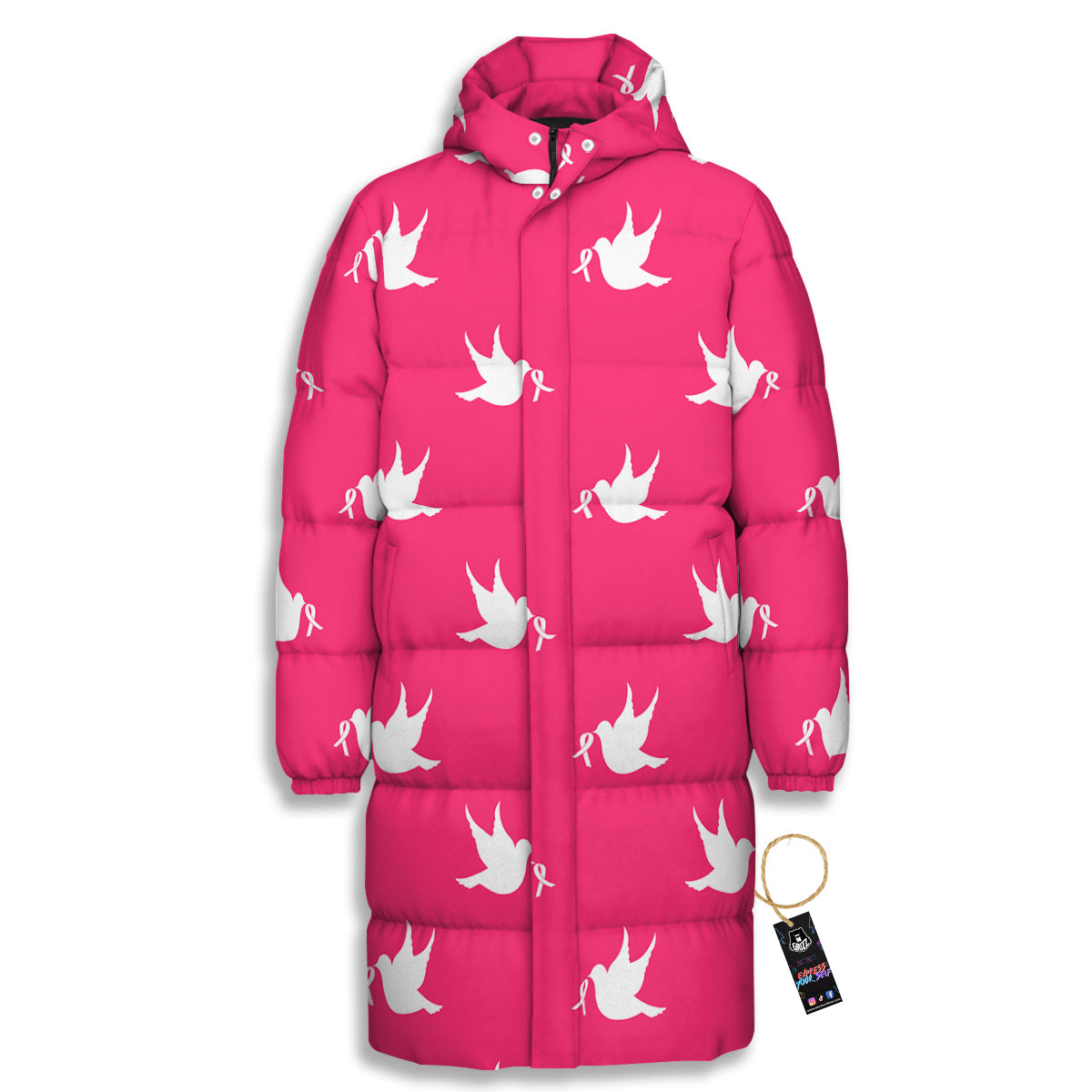 Breast Cancer White Dove Print Pattern Long Down Jacket-grizzshop