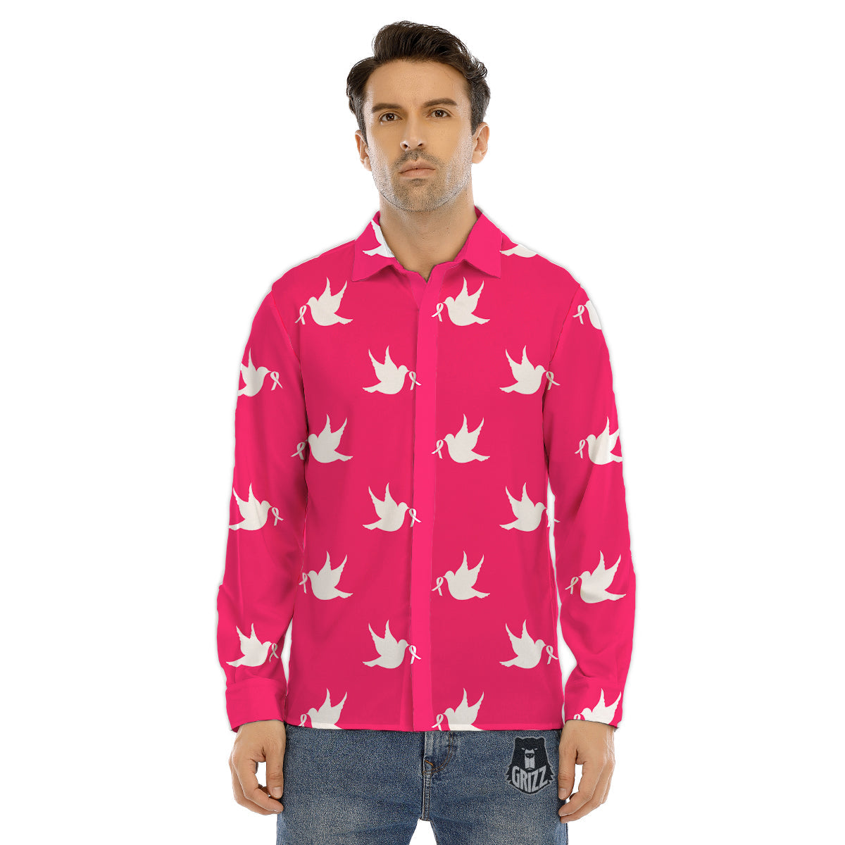 Breast Cancer White Dove Print Pattern Men's Dress Shirts-grizzshop