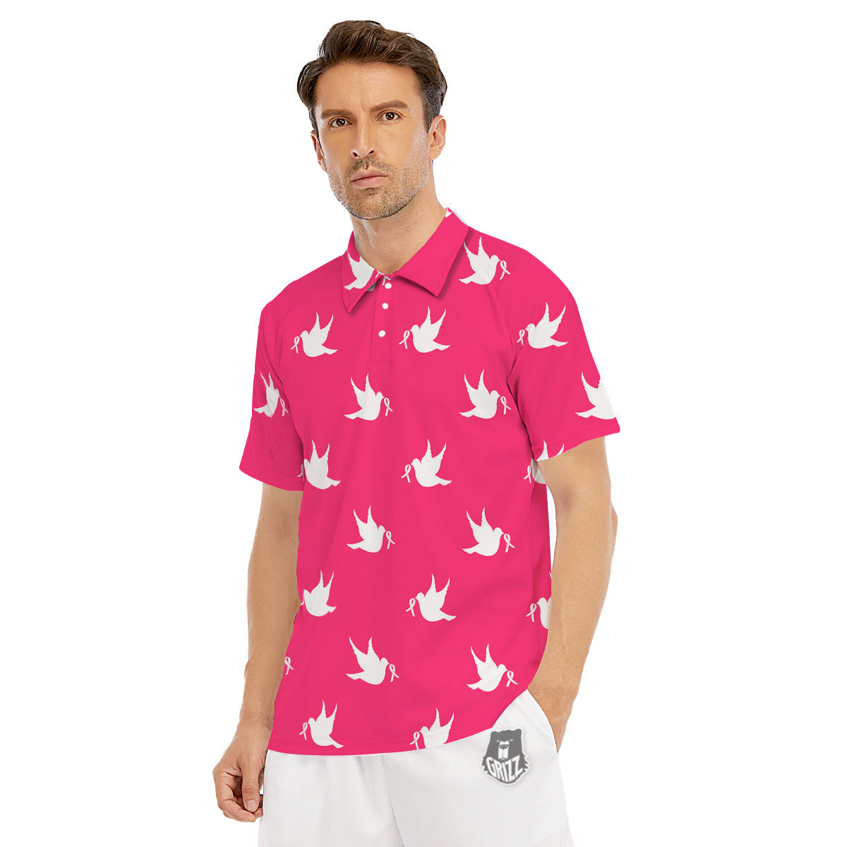 Breast Cancer White Dove Print Pattern Men's Golf Shirts-grizzshop