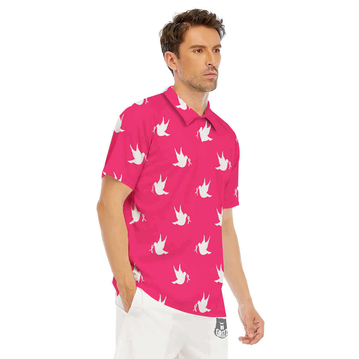 Breast Cancer White Dove Print Pattern Men's Golf Shirts-grizzshop