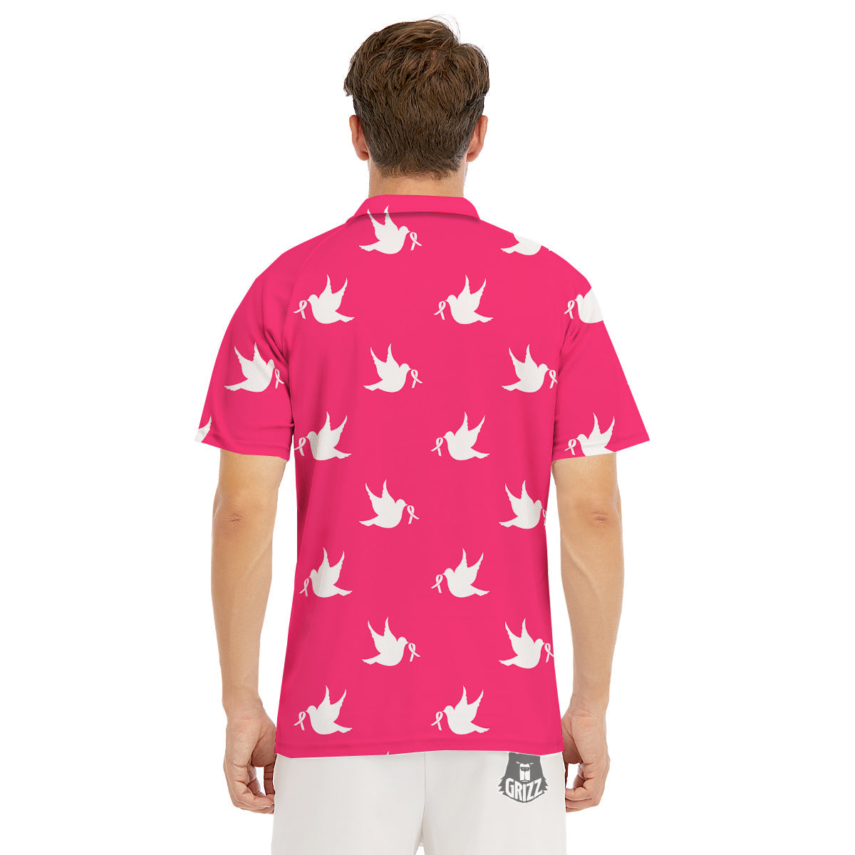 Breast Cancer White Dove Print Pattern Men's Golf Shirts-grizzshop