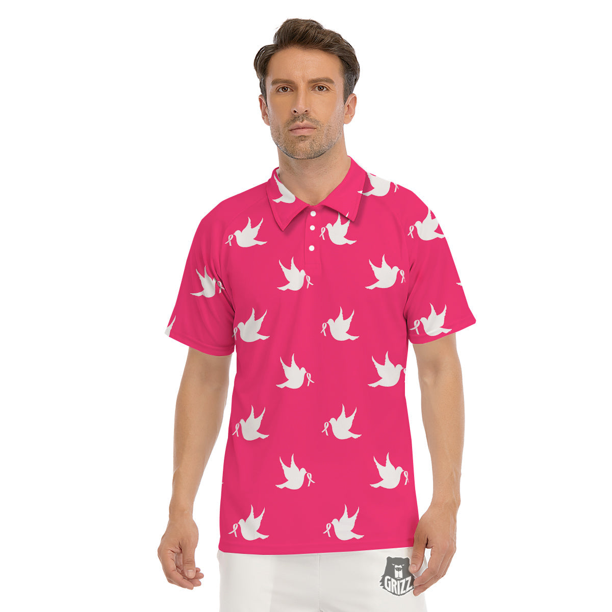 Breast Cancer White Dove Print Pattern Men's Golf Shirts-grizzshop