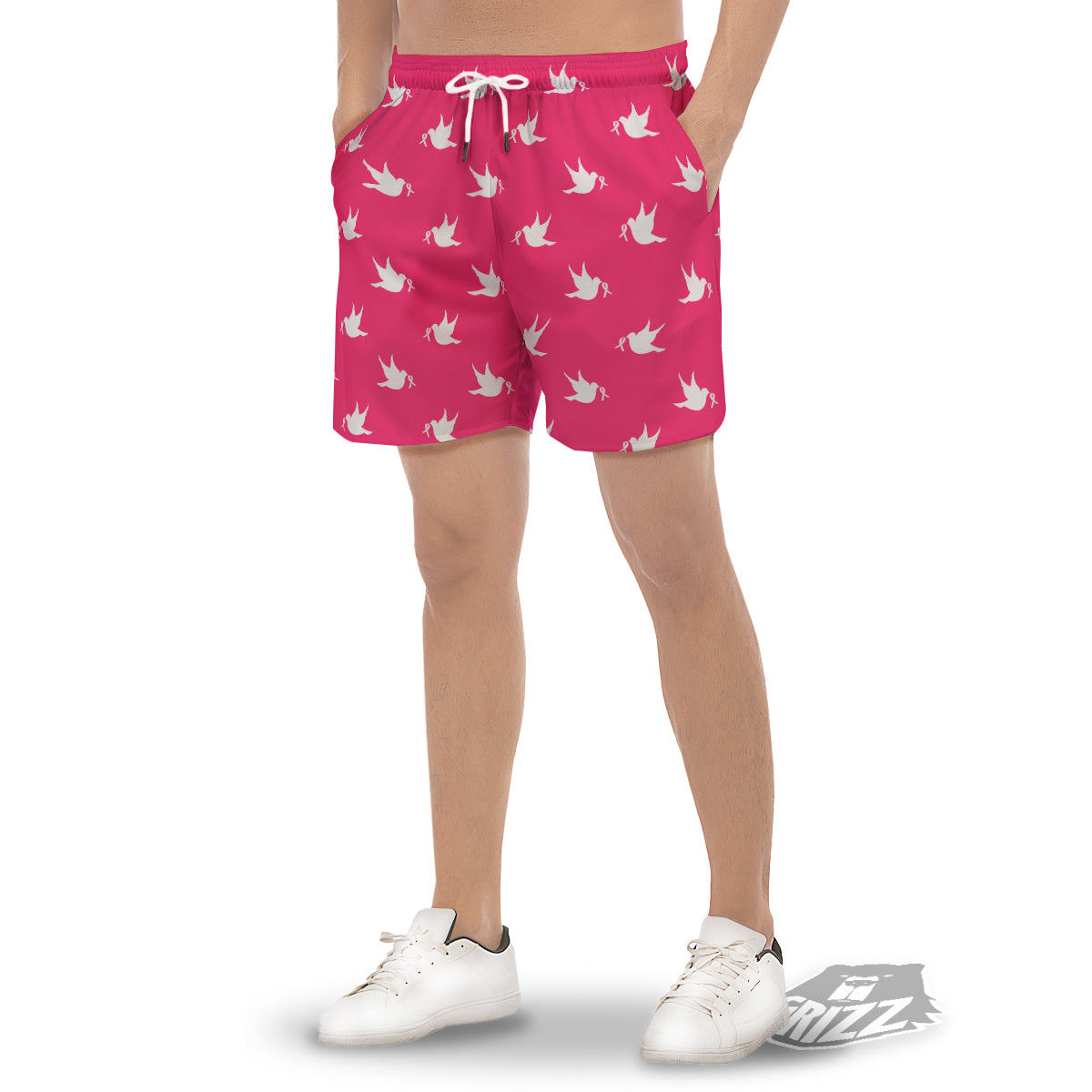 Breast Cancer White Dove Print Pattern Men's Gym Shorts-grizzshop