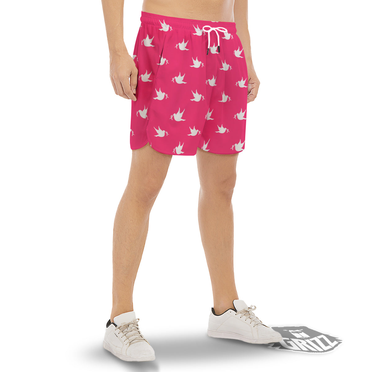 Breast Cancer White Dove Print Pattern Men's Gym Shorts-grizzshop