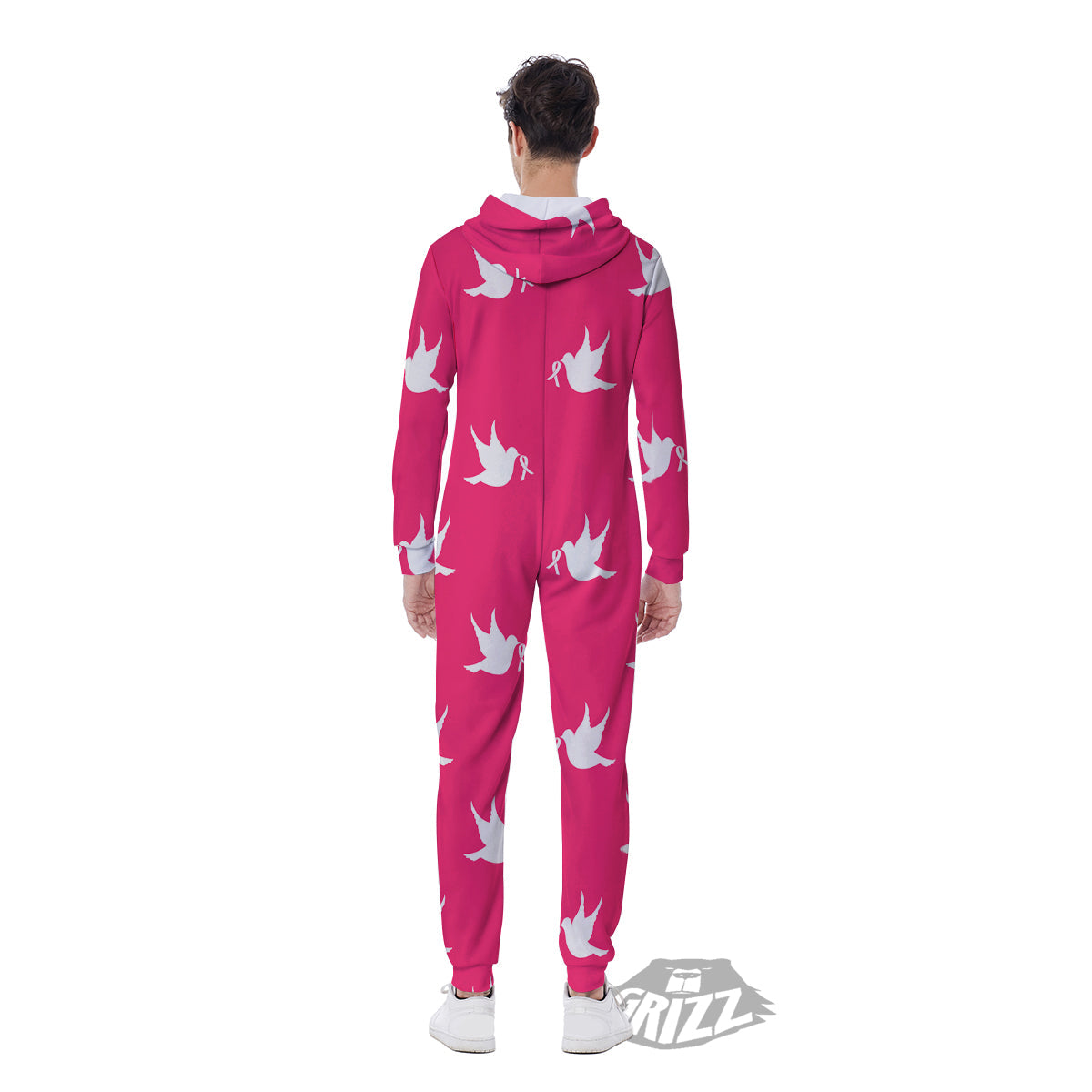 Breast Cancer White Dove Print Pattern Men's Jumpsuit-grizzshop