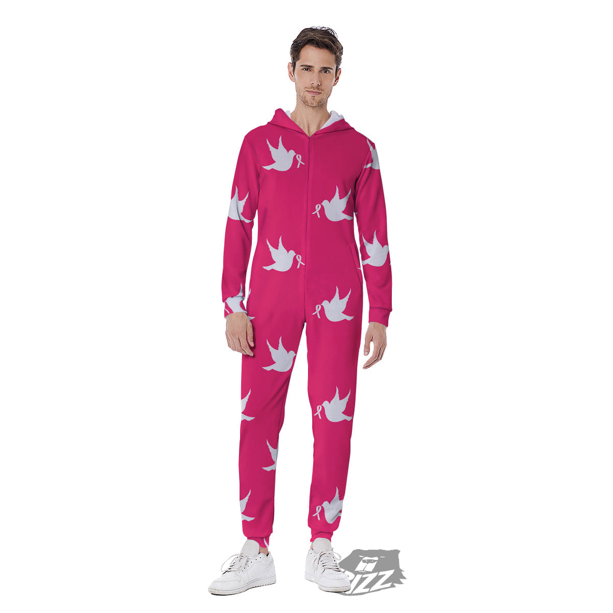 Breast Cancer White Dove Print Pattern Men's Jumpsuit-grizzshop