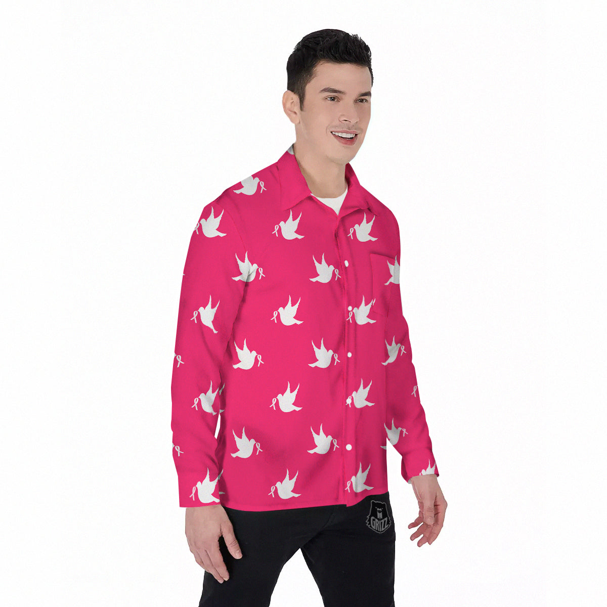 Breast Cancer White Dove Print Pattern Men's Long Sleeve Shirts-grizzshop