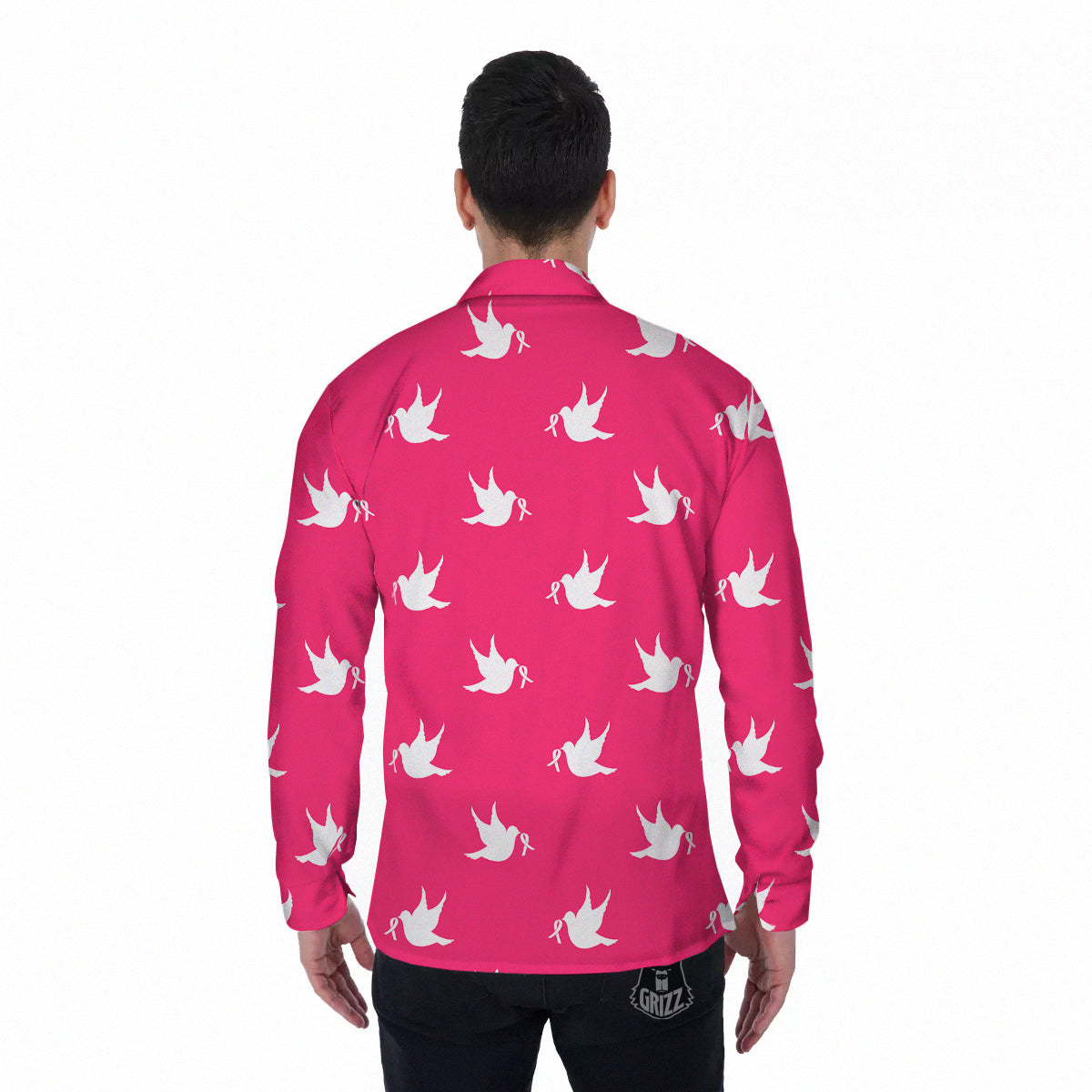 Breast Cancer White Dove Print Pattern Men's Long Sleeve Shirts-grizzshop