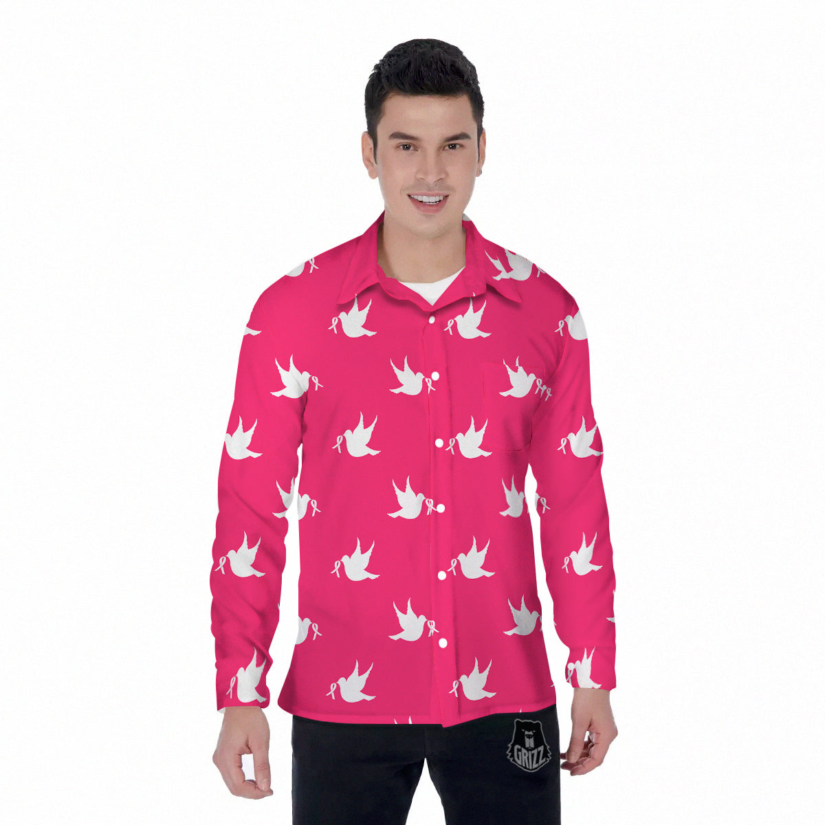 Breast Cancer White Dove Print Pattern Men's Long Sleeve Shirts-grizzshop