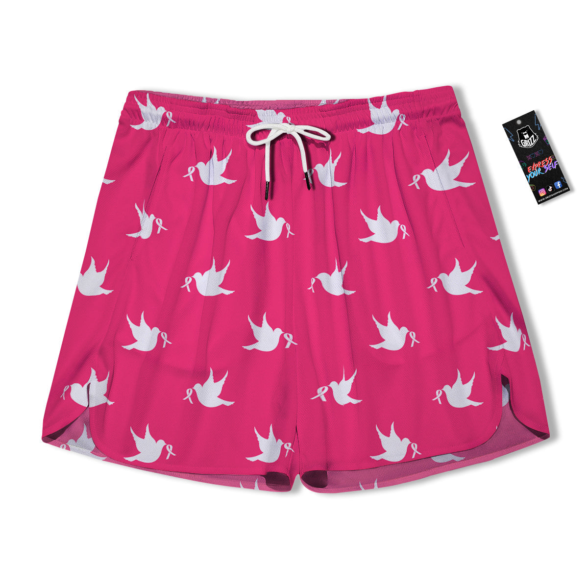 Breast Cancer White Dove Print Pattern Men's Running Shorts-grizzshop