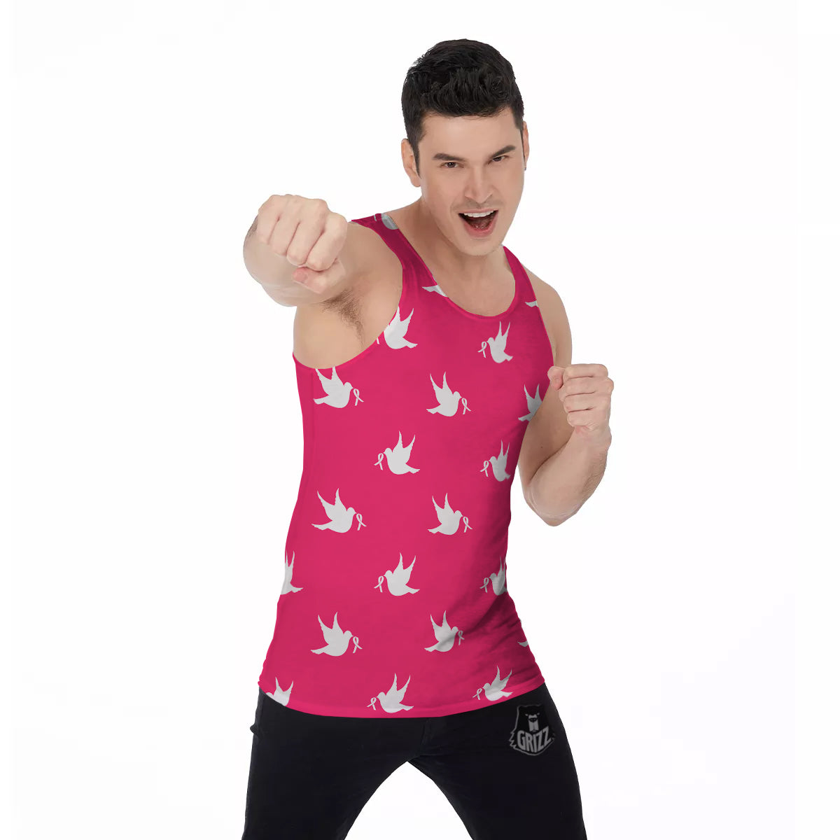 Breast Cancer White Dove Print Pattern Men's Tank Top-grizzshop