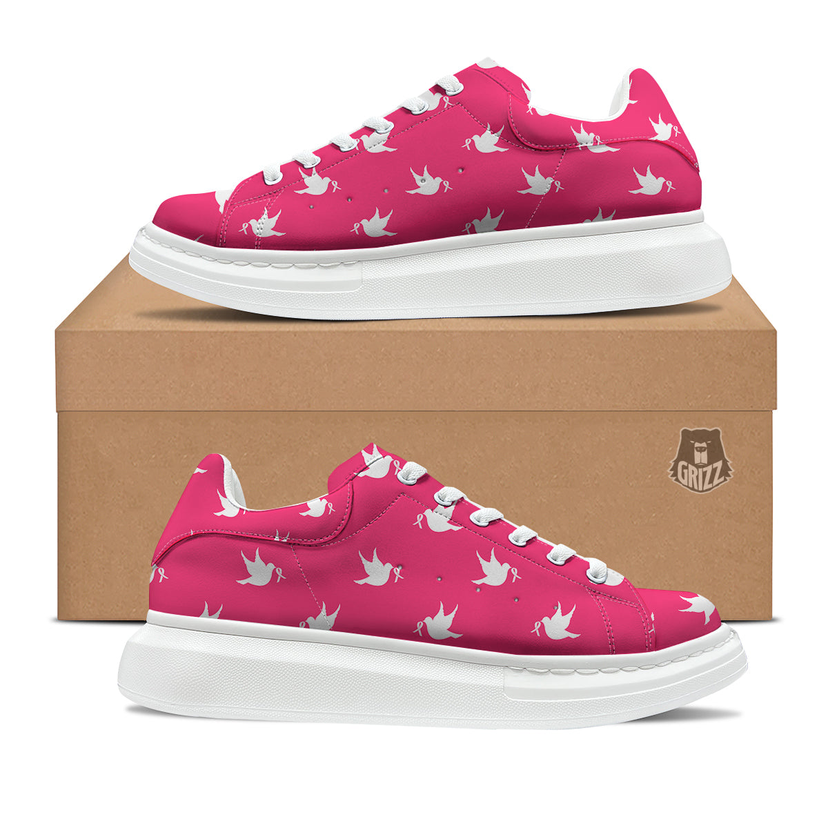 Breast Cancer White Dove Print Pattern Platform Shoes-grizzshop