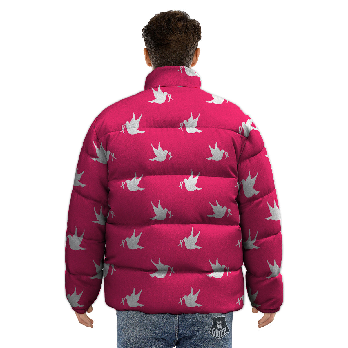 Breast Cancer White Dove Print Pattern Puffer Jacket-grizzshop