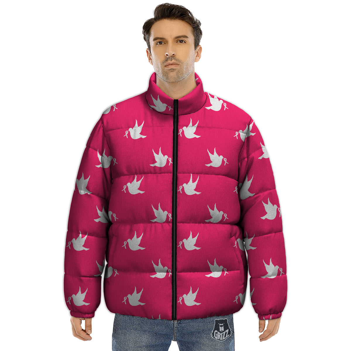 Breast Cancer White Dove Print Pattern Puffer Jacket-grizzshop