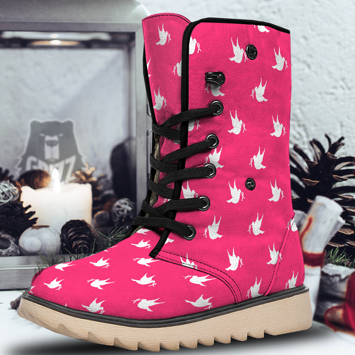 Breast Cancer White Dove Print Pattern Snow Boots-grizzshop