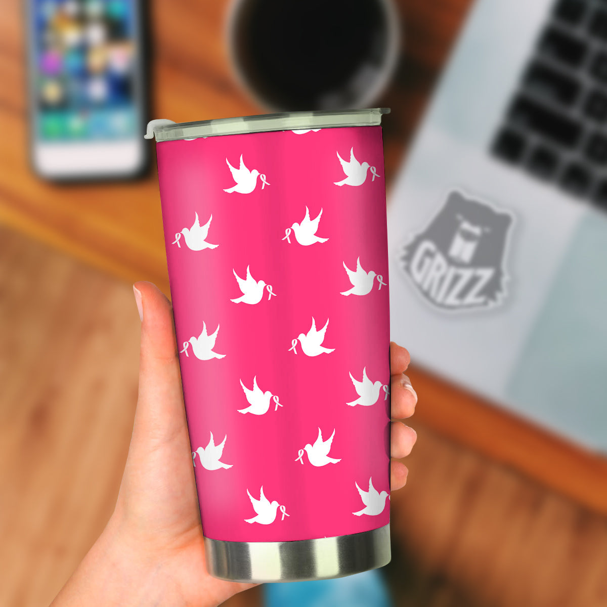 Breast Cancer White Dove Print Pattern Tumbler-grizzshop