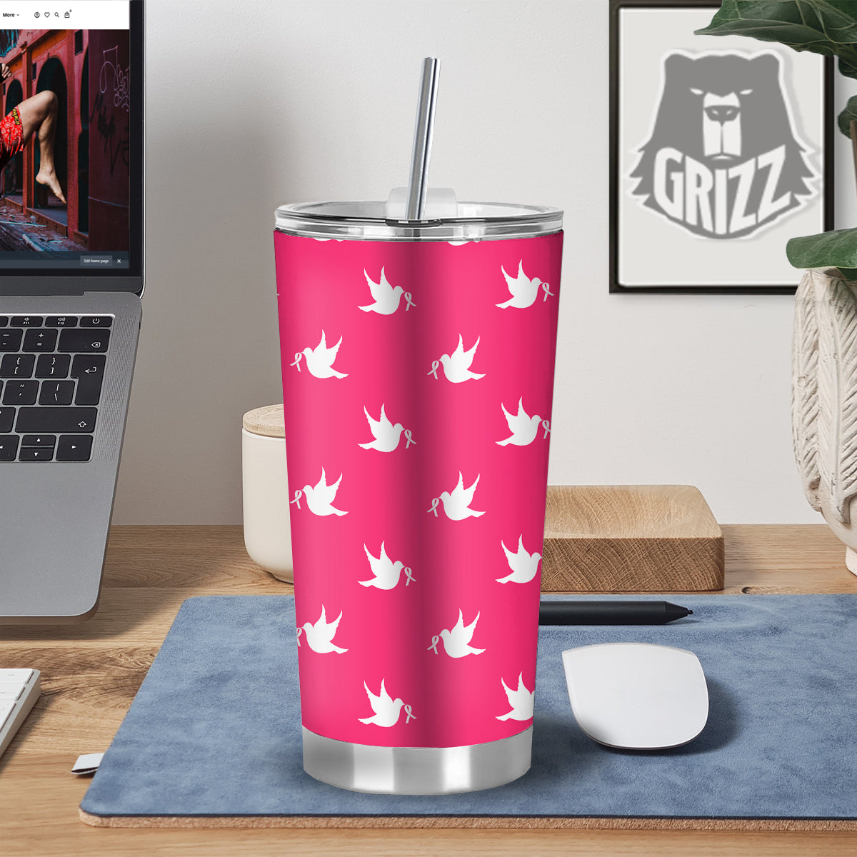 Breast Cancer White Dove Print Pattern Tumbler-grizzshop