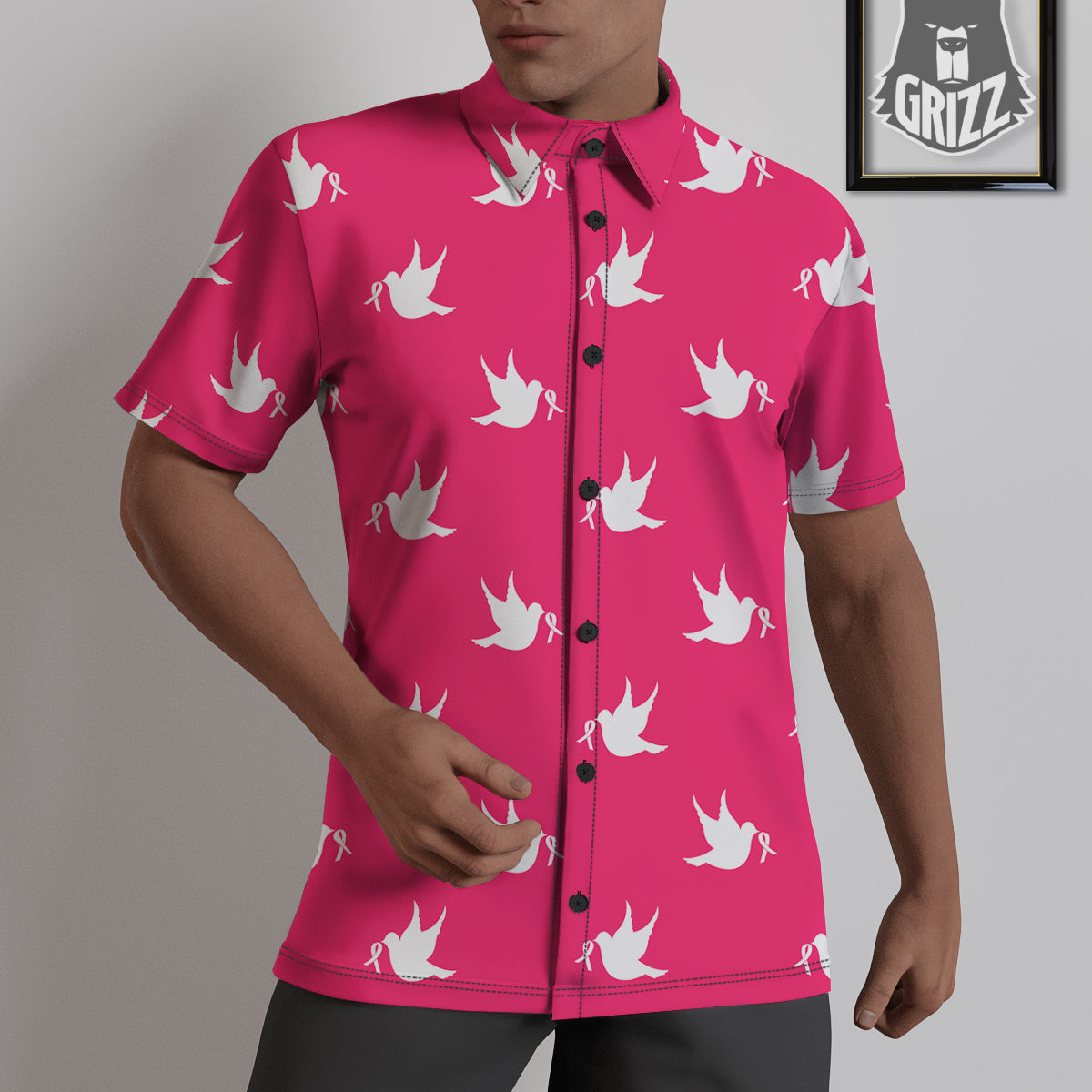 Breast Cancer White Dove Print Pattern Untucked Shirts-grizzshop