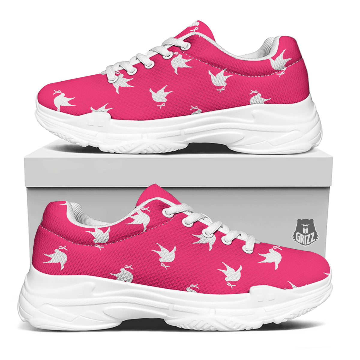 Breast Cancer White Dove Print Pattern White Chunky Shoes-grizzshop