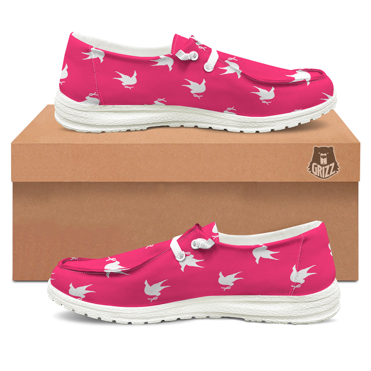Breast Cancer White Dove Print Pattern White Loafers-grizzshop