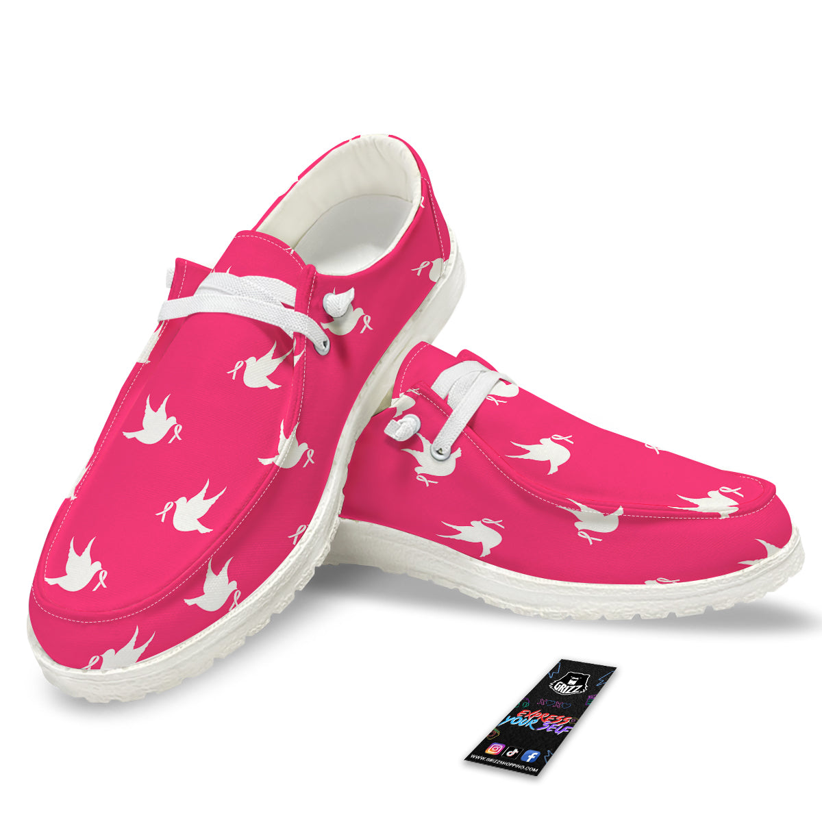 Breast Cancer White Dove Print Pattern White Loafers-grizzshop
