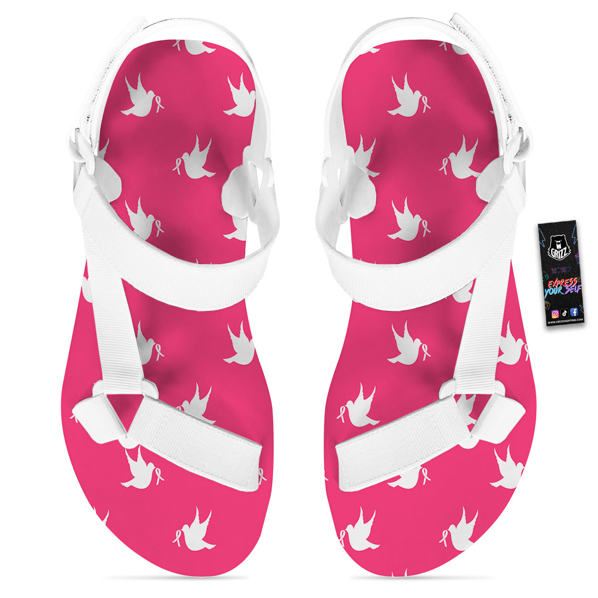 Breast Cancer White Dove Print Pattern White Open Toe Sandals-grizzshop