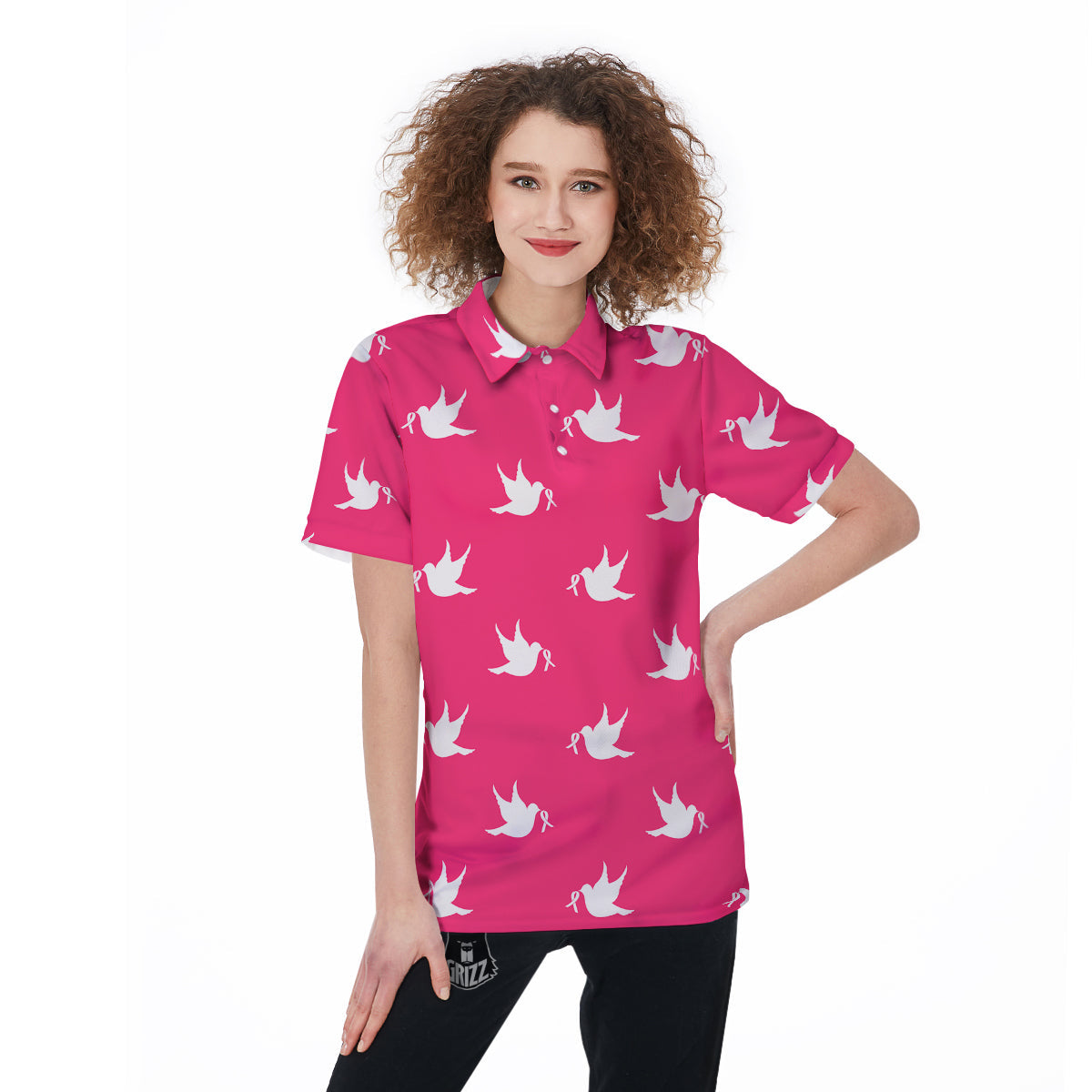 Breast Cancer White Dove Print Pattern Women's Golf Shirts-grizzshop